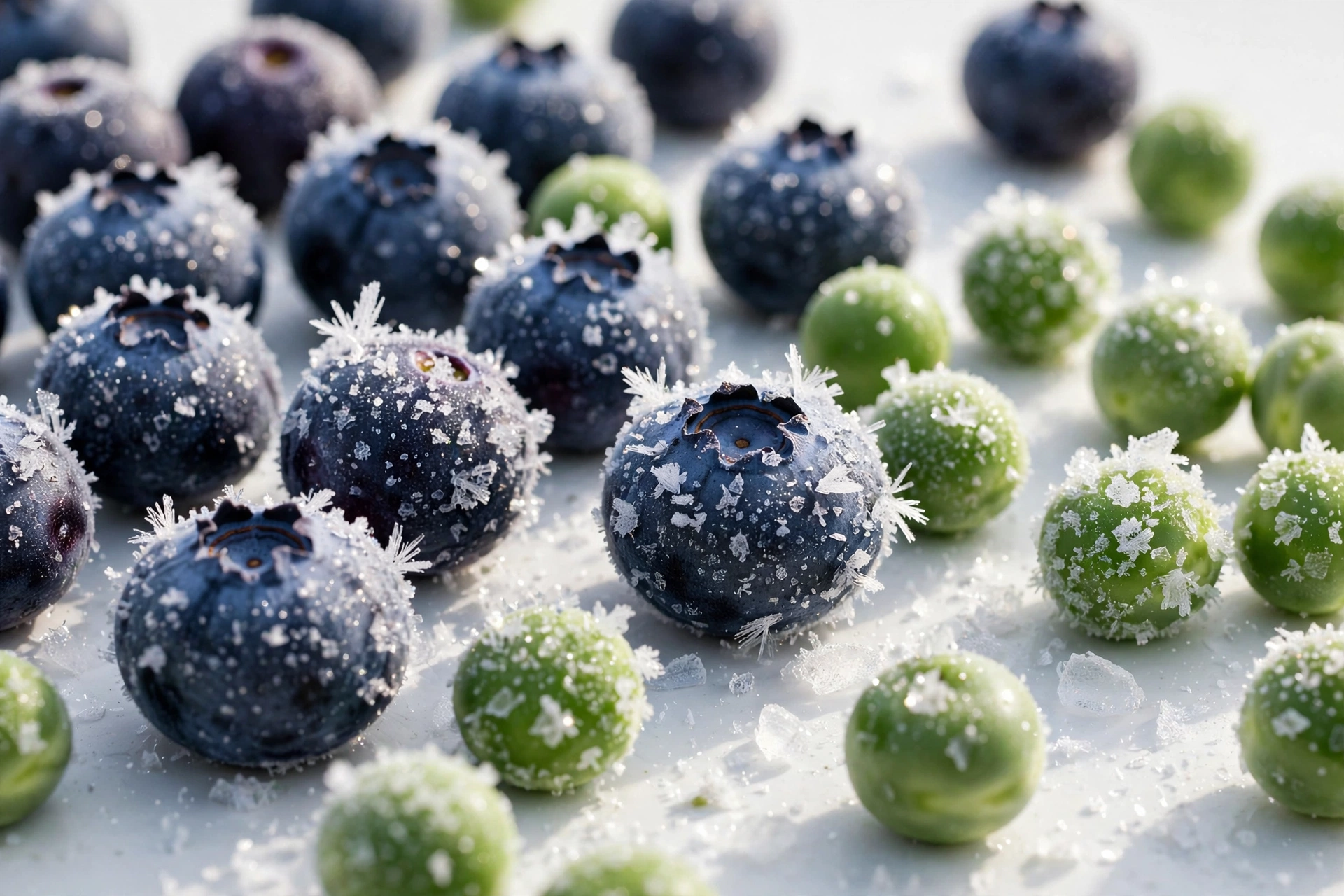IQF frozen blueberries and green peas close-up with frost crystals